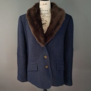 Talbots Womens Aberdeen Navy Blue Faux Fur Collar Wool Blend Jacket Blazer 16